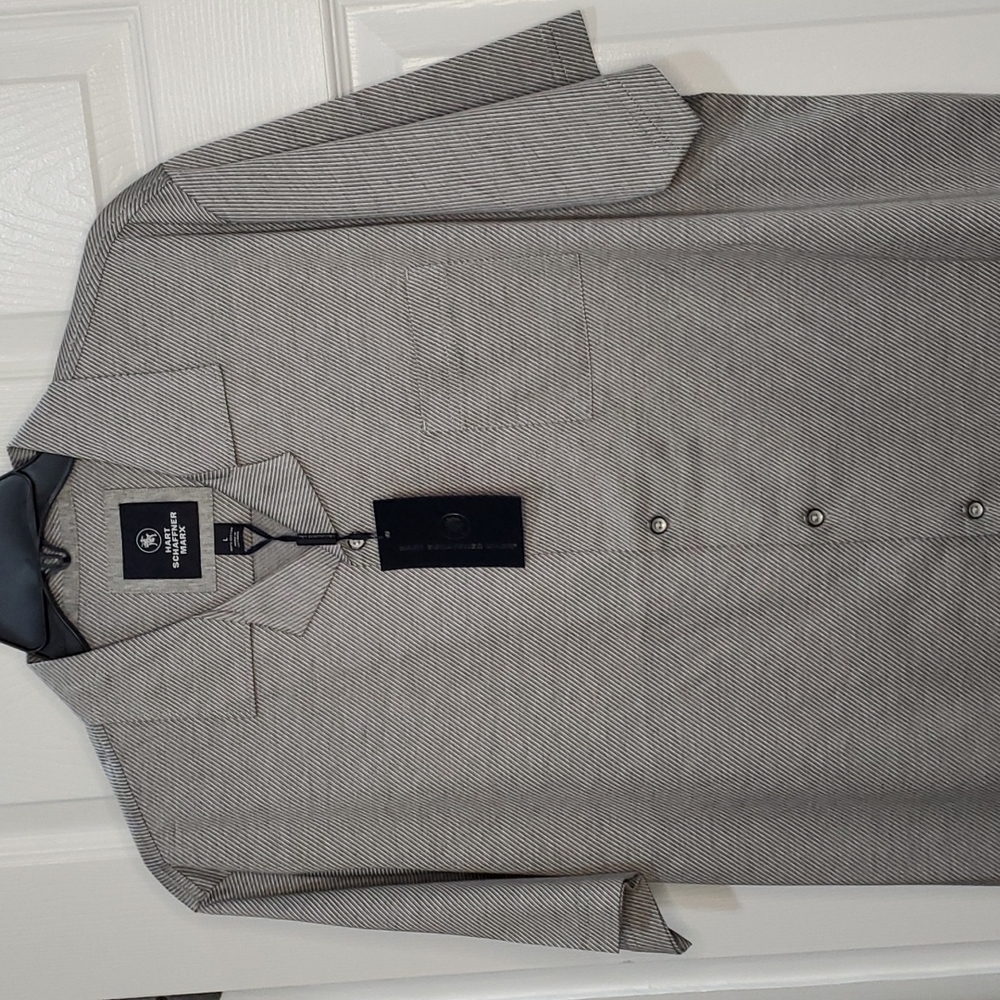 NWT Hart Schaffner Marx Mens L Short Sleeve Gray Silver Striped Camp Spo…